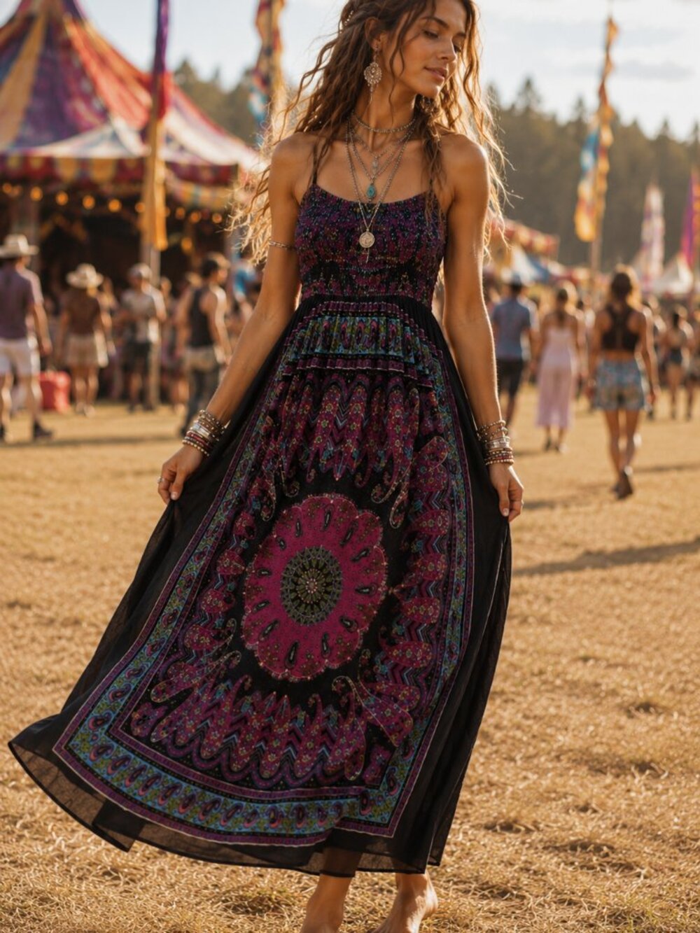 Vintage Indian Cotton Smocked Halter Boho Paisley Maxi Dress M Festival Hippie